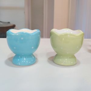 NWOT Set of 2 Ceramic Egg Cups Pastel Blue Green White Polka Dot